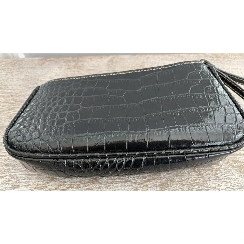 Women's Black Faux Crocodile Wristlet Wallet w/ Organization Makeup Accessories